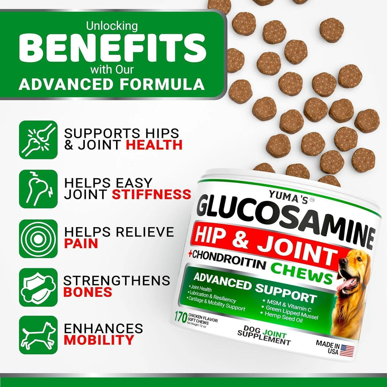 2 Pack Glucosamine for Dogs with Chondroitin Joint Pain Relief Made in USA - American Bark Bliss