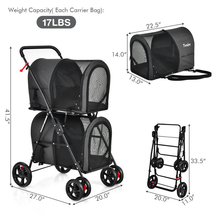 double decker cat stroller 4-in-1 Double Pet Stroller with Detachable Carrier and Travel Carriage