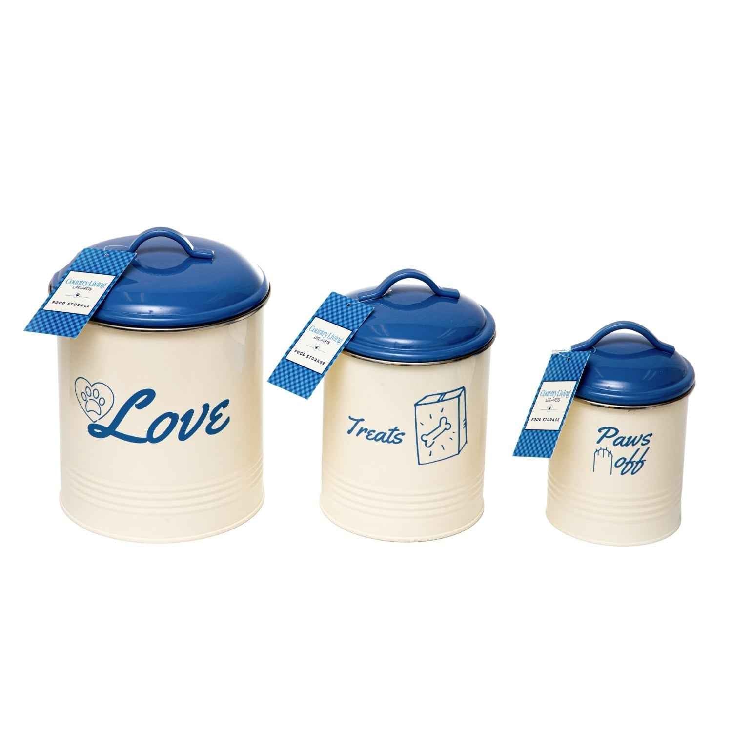 Country Living Set of 3 Pet Treat Canisters, Dog Treat Storage – French Blue Lid - American Bark Bliss