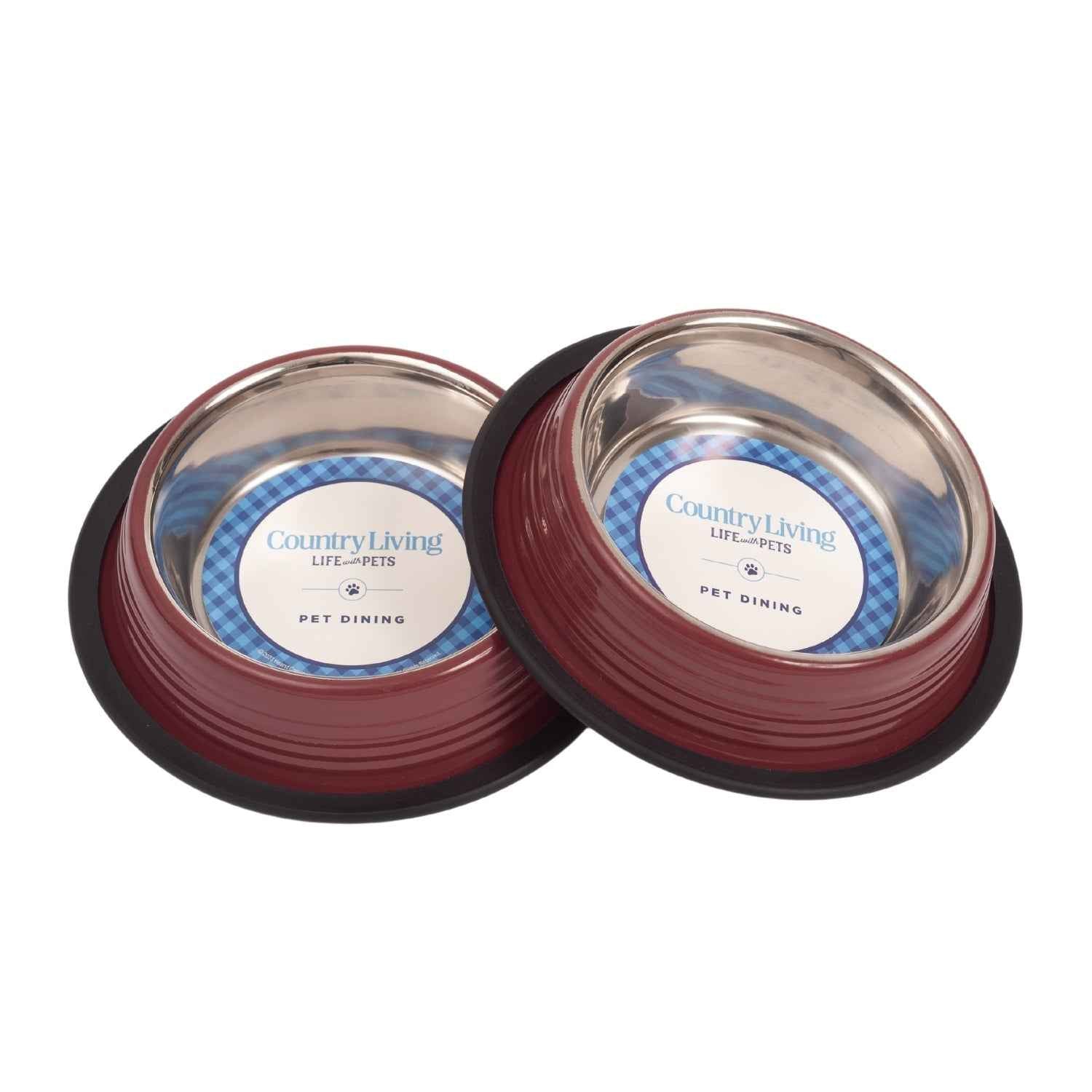 Country Living Set of 2 Ribbed Non-Slip Pet Bowls – Merlot Red - American Bark Bliss