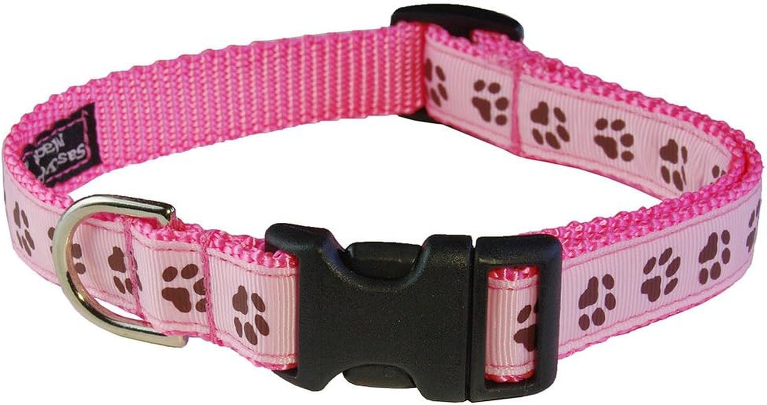Adjustable Small Pink/Brown Puppy Paws Dog Collar - USA Made. - American Bark Bliss