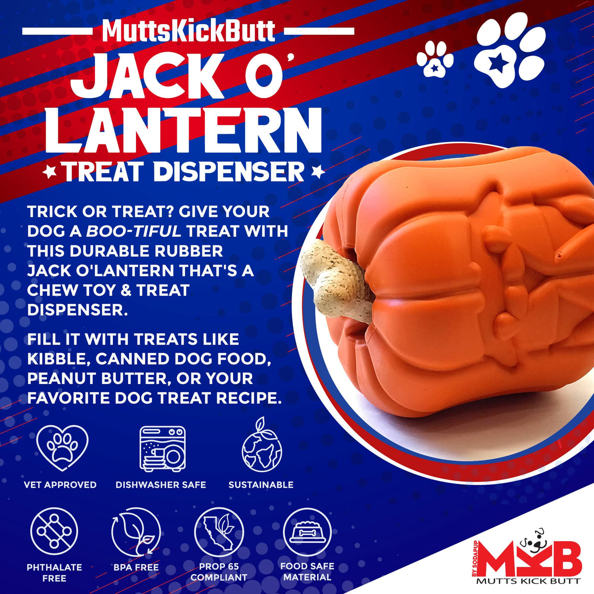 Jack O' Lantern eDispener Durable Rubber Chew Toy & Treat Dispenser - American Bark Bliss