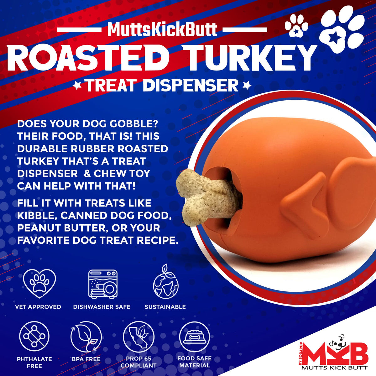 Roasted Turkey eDispenser Durable Rubber Chew Toy & Treat Dispenser - Large - 25% off! - American Bark Bliss