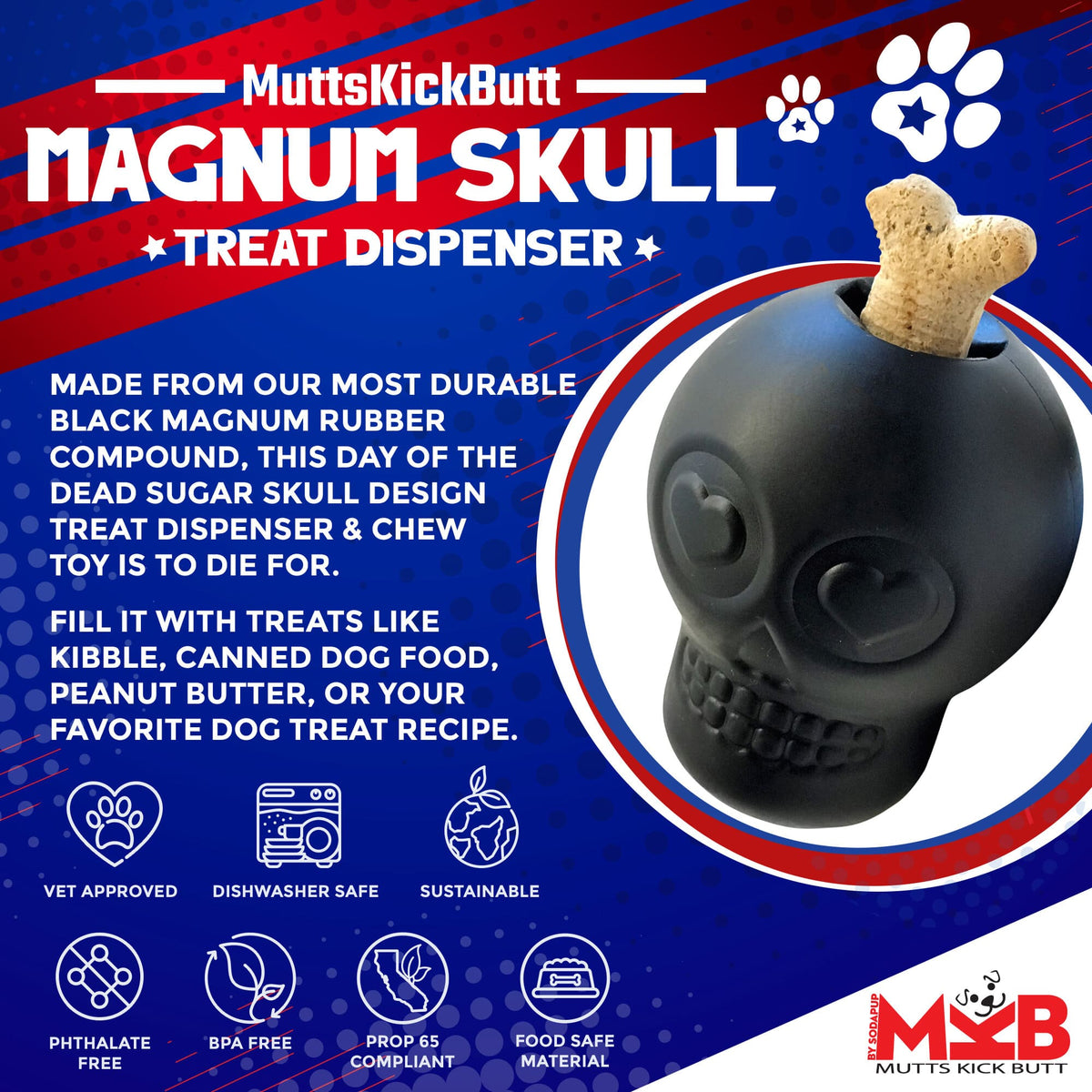 Magnum Sugar Skull eDispenser Ultra-Durable Chew Toy & Treat Dispenser - Black - American Bark Bliss