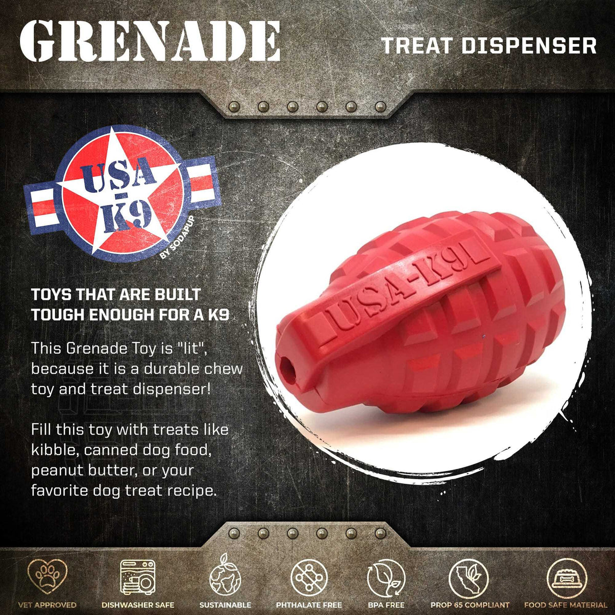 Grenade Shaped eDispenser Durable Dog Chew Toy & Treat Dispenser - Army Green - American Bark Bliss