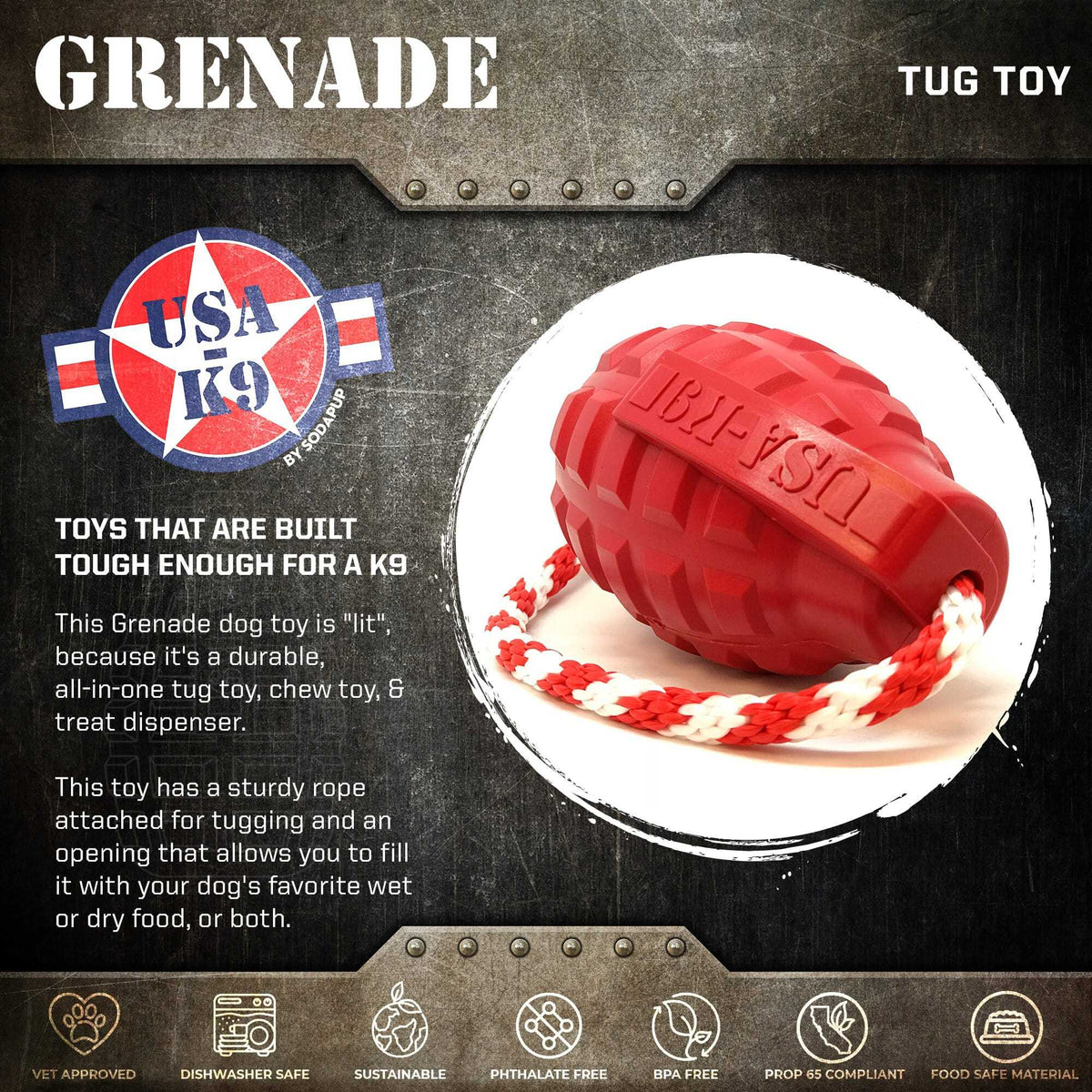 USA-K9 Grenade Shaped Rubber Dog Toy - Chew, Treat Dispenser & Tug Toy | USA - Army Green - American Bark Bliss