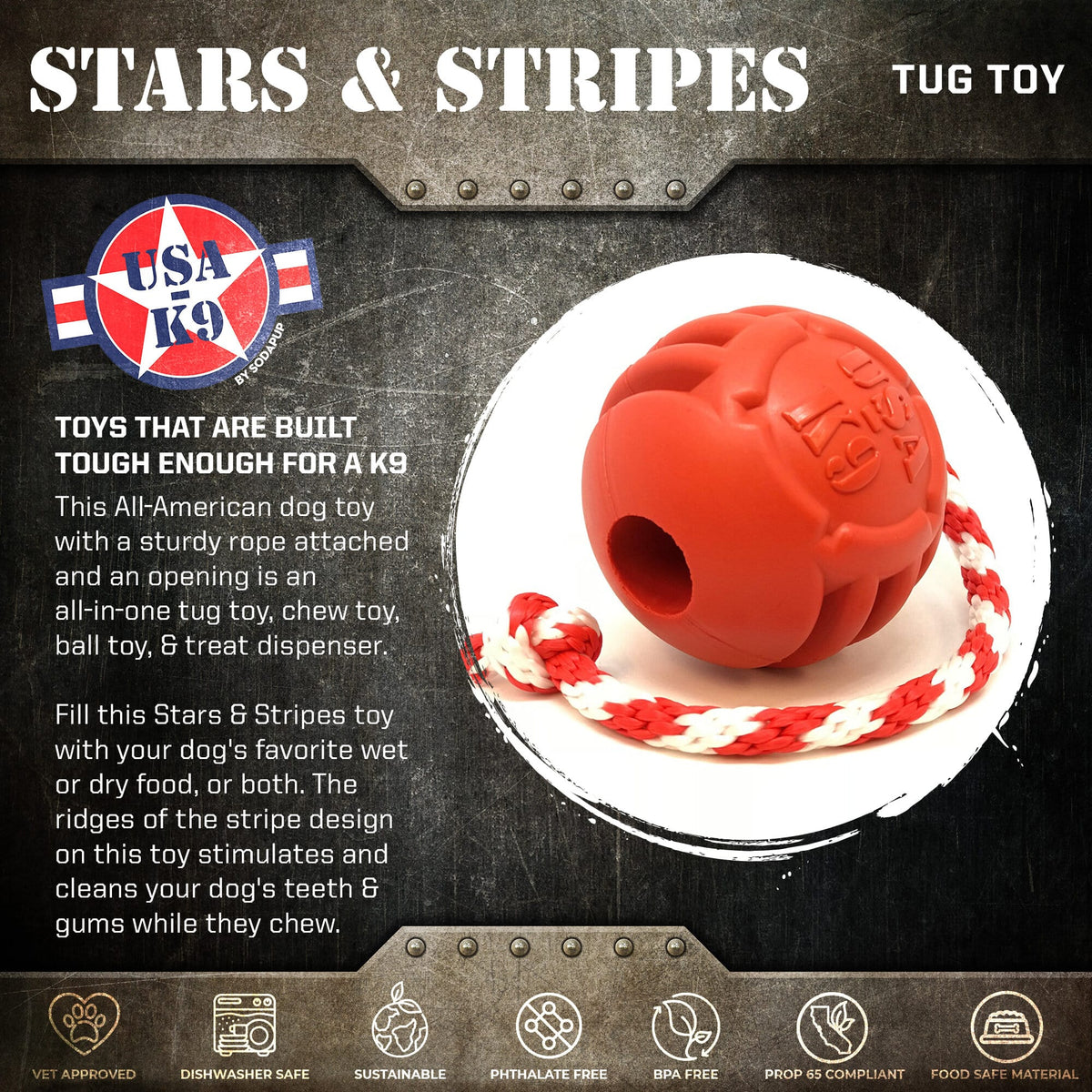USA-K9 Stars and Stripes Ultra-Durable Durable Rubber Chew Toy, Reward Toy, Tug Toy, and Retrieving Toy - Red - American Bark Bliss