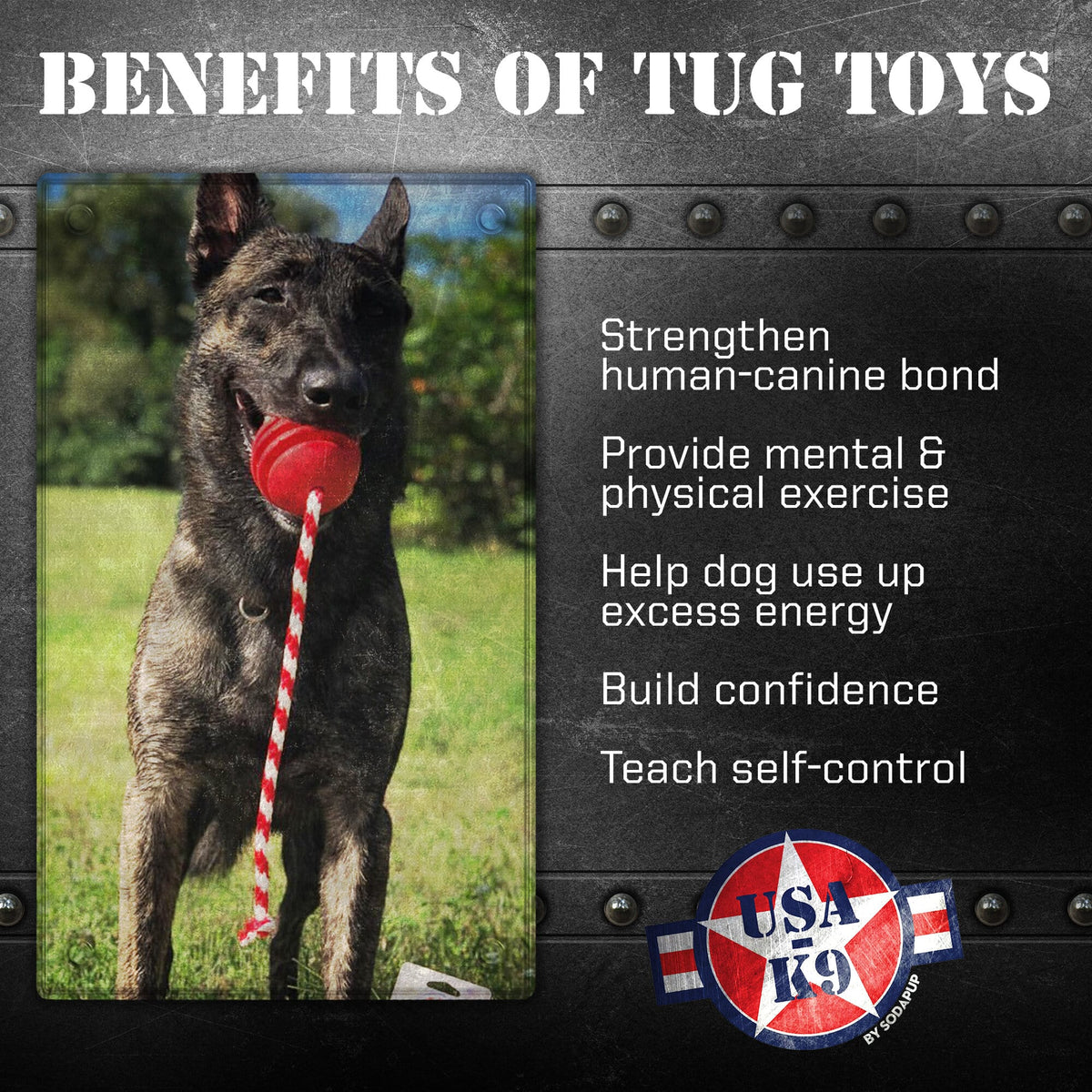 USA-K9 Stars and Stripes Ultra-Durable Durable Rubber Chew Toy, Reward Toy, Tug Toy, and Retrieving Toy - Red - American Bark Bliss