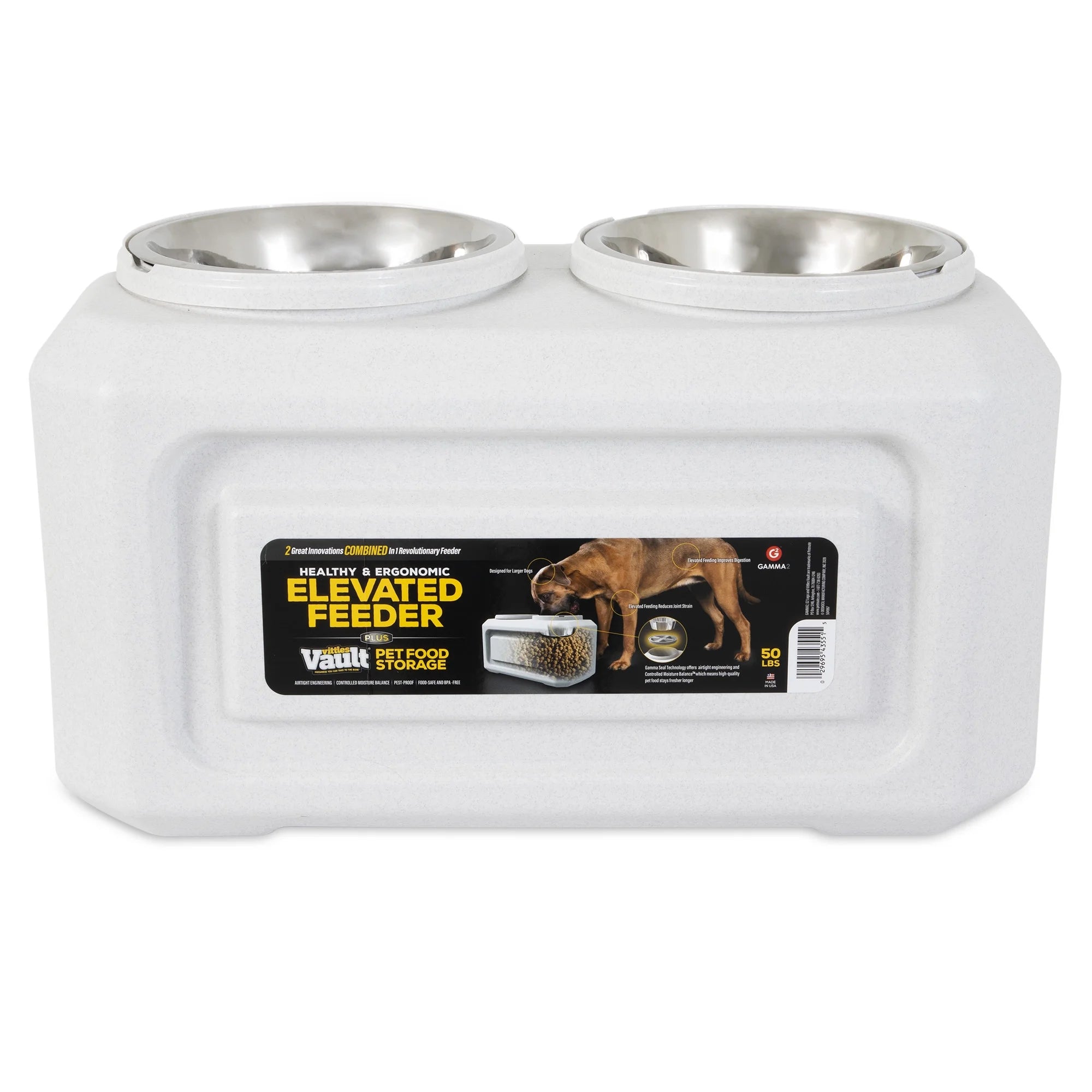 Vittles Vault 2-In-1 Elevated Stainless Steel Dog Bowls with 50 Lb Dry Food Storage, White - American Bark Bliss
