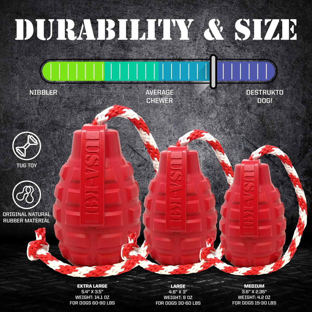 USA-K9 Grenade Shaped Rubber Dog Toy - Chew, Treat Dispenser & Tug Toy | USA - Army Green - American Bark Bliss