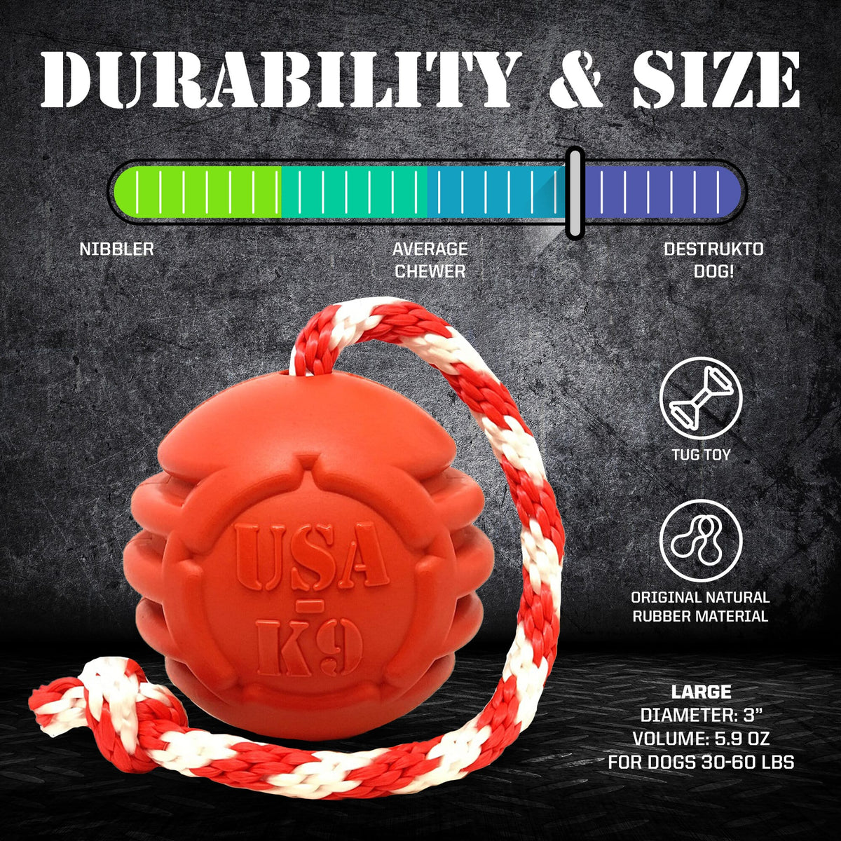 USA-K9 Stars and Stripes Ultra-Durable Durable Rubber Chew Toy, Reward Toy, Tug Toy, and Retrieving Toy - Red - American Bark Bliss