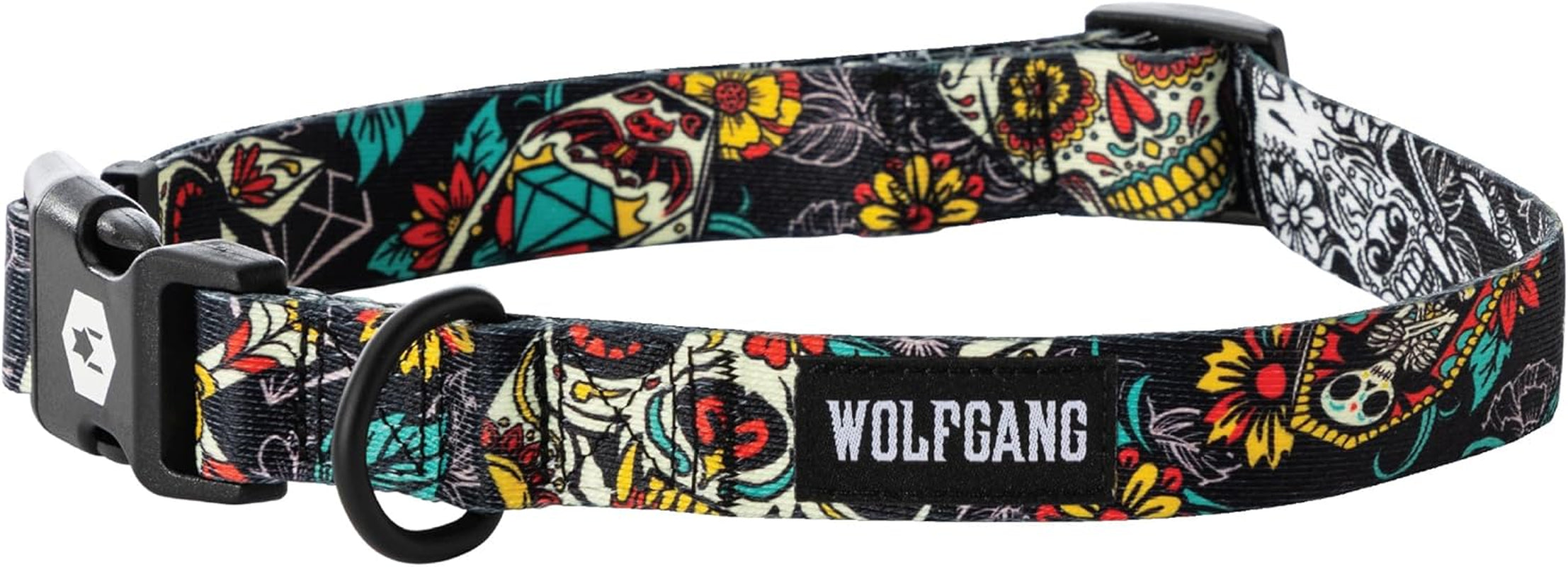 Wolfgang Heavy Duty, Adjustable Dog Collar with Quick Release Nylon Buckle for Walking & Training, Losmuertos Print, Large - American Bark Bliss