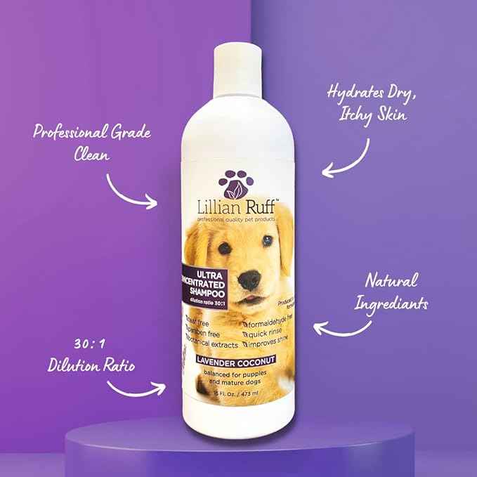 Lillian Ruff High Concentrate Professional Grooming Shampoo for Dogs with Hydrating Essential Oils – 30:1 Concentration for Bathing System - Clean, Condition, & Deodorize Dry, Sensitive Skin W/Brush