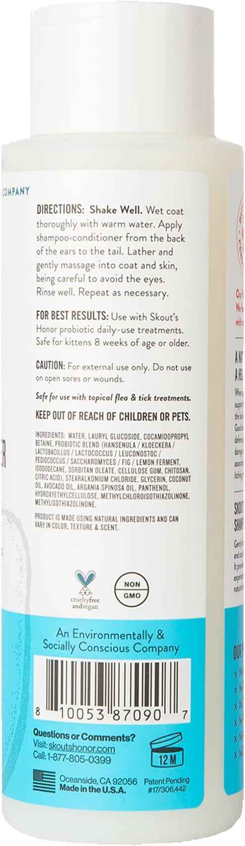 Skout's Honor Unscented Probiotic Cat Shampoo & Conditioner with Avocado Oil & Omega-3s, 97% Natural, Paraben & Sulfate-Free, Cruelty-Free, 16oz, Fragrance Free