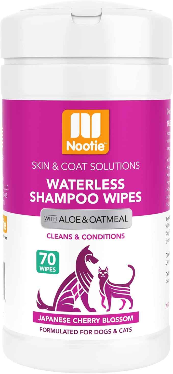 Nootie Waterless Shampoo Wipes for Dogs & Cats - Long Lasting Japanese Cherry Blossom Fragrance - Sold in Over 10,000 Vet Clinics and Pet Stores Worldwide, Made in USA - 70 Count