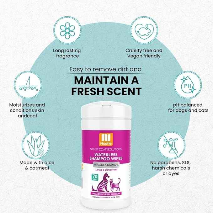 Nootie Waterless Shampoo Wipes for Dogs & Cats - Long Lasting Japanese Cherry Blossom Fragrance - Sold in Over 10,000 Vet Clinics and Pet Stores Worldwide, Made in USA - 70 Count