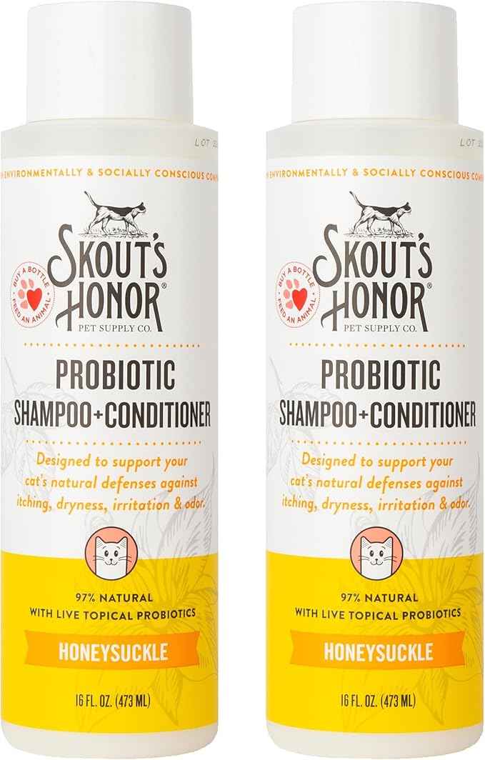 Skout's Honor Probiotic Cat Shampoo & Conditioner with Avocado Oil & Omega-3s, 97% Natural, Paraben & Sulfate-Free, Cruelty-Free, 16oz, Honeysuckle, 2-Pack