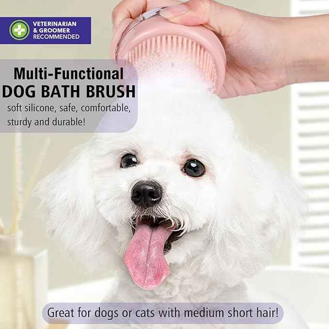 Dog Bath Scrubber Brush, 2 PCS Pet Dog Grooming Massage Shampoo Bath Brush with Soap and Shampoo Dispenser Soft Silicone Bristle for Long Short Haired Dogs Cats Shower