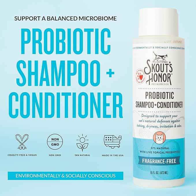 Skout's Honor Unscented Probiotic Cat Shampoo & Conditioner with Avocado Oil & Omega-3s, 97% Natural, Paraben & Sulfate-Free, Cruelty-Free, 16oz, Fragrance Free