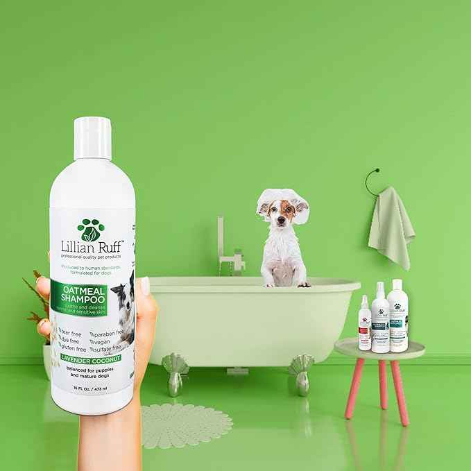 Lillian Ruff Calming Oatmeal Pet Shampoo for Dry Skin & Itch Relief with Aloe & Hydrating Essential Oils - Replenish Moisture & Deodorize - Tearless Dog Shampoo for Normal/Sensitive Skin (16oz)