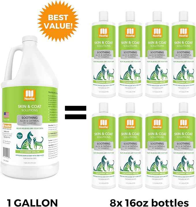 Nootie Aloe&Oatmeal Pet Shampoo for Sensitive Skin-Long lasting Cucumber Melon Shampoo-Helps Relieve Dry Itchy Skin for Dogs&Cat-Natural Ingredient-Soap Paraben&Sulfate Free-Cleans Conditions-1 Gallon