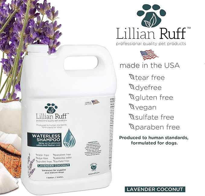 Lillian Ruff Waterless No-Rinse Dog Dry Shampoo Spray with Hydrating Essential Oils - pH-Balanced Dry Shampoo for Dogs - Clean, Condition, Detangle & Deodorize Dry, Sensitive Skin (Gallon)