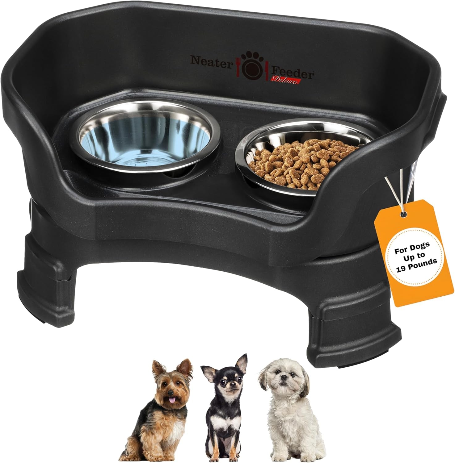 Neater Feeder Deluxe Mess Proof Dog Bowls Elevated for Small Breeds – Made in USA – No Spill Raised Dog Food Bowl Stand W/Leg Extensions – Stainless Steel Dog Food and Water Bowl Set – Black - American Bark Bliss