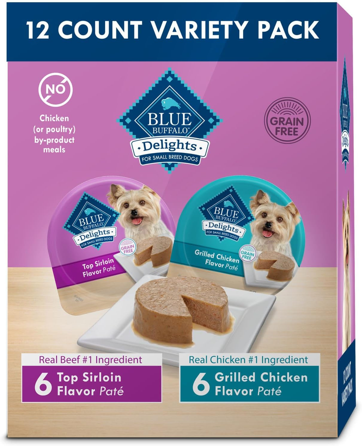 Delights Small Breed Natural Wet Dog Food Variety Pack, Top Sirloin Paté and Grilled Chicken Paté, 3.5-Oz Cups, 12 Count - American Bark Bliss