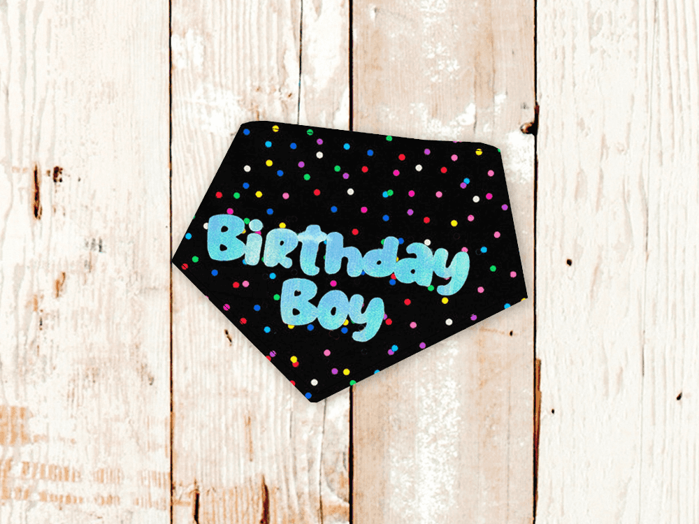 "Birthday Boy" Metallic Blue on Black Confetti Dog Bandana - American Bark Bliss