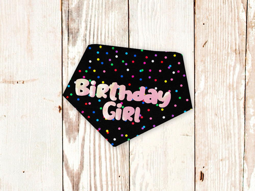 "Birthday Girl" Metallic Pink on Black Confetti Dog Bandana - American Bark Bliss