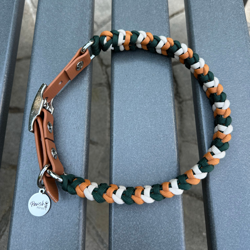 Coiled Charm Hand Braided Dog Collar in Hunter Green, Mustard, & Cream - American Bark Bliss