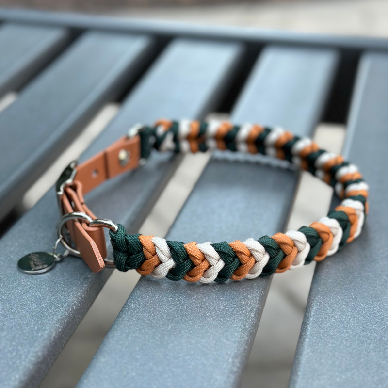 Coiled Charm Hand Braided Dog Collar in Hunter Green, Mustard, & Cream - American Bark Bliss