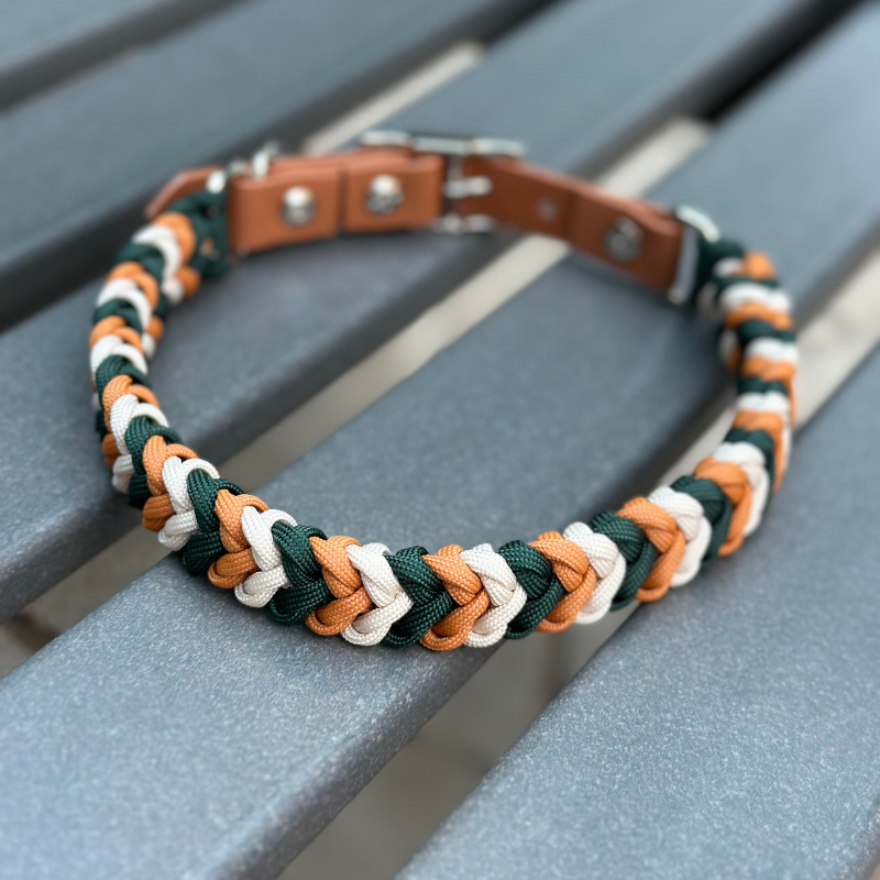 Coiled Charm Hand Braided Dog Collar in Hunter Green, Mustard, & Cream - American Bark Bliss