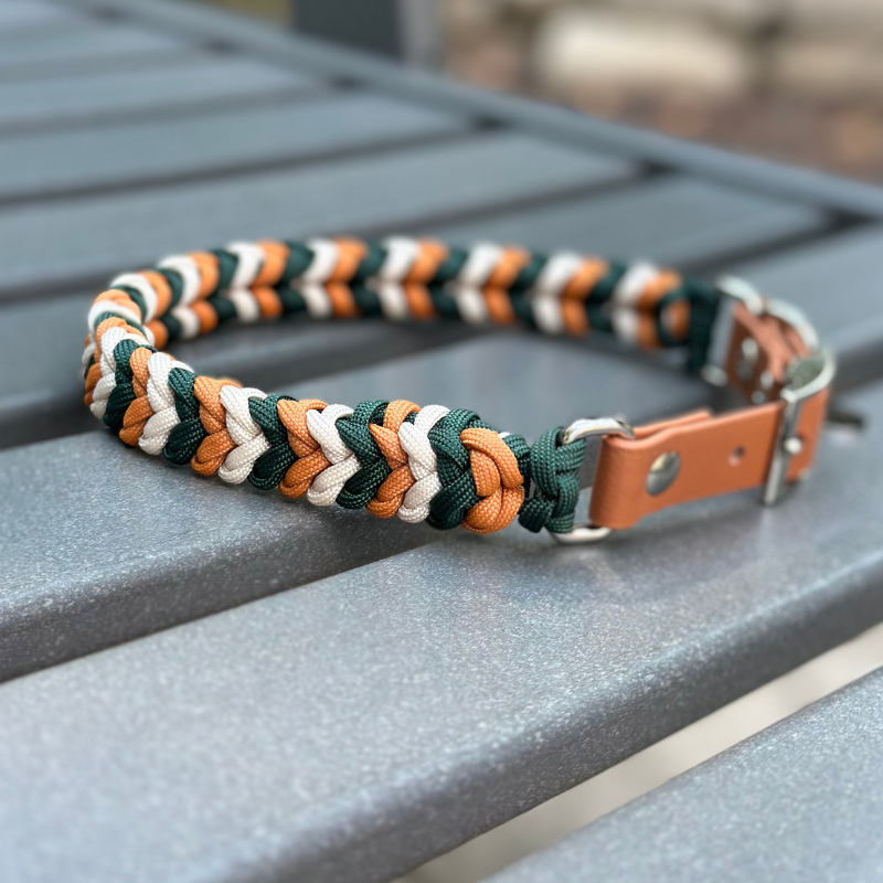 Coiled Charm Hand Braided Dog Collar in Hunter Green, Mustard, & Cream - American Bark Bliss