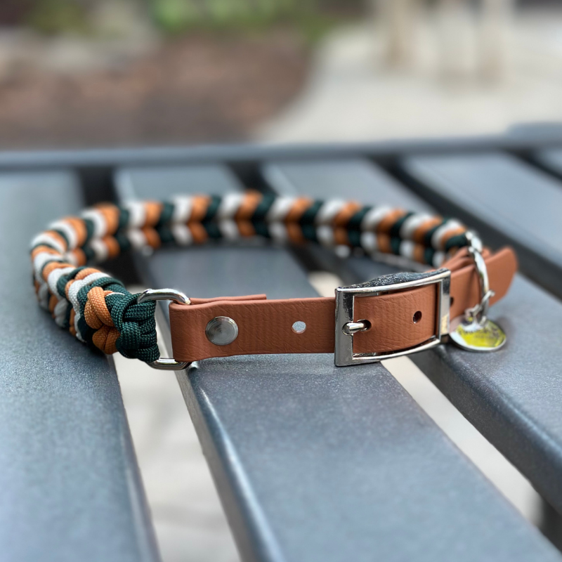 Coiled Charm Hand Braided Dog Collar in Hunter Green, Mustard, & Cream - American Bark Bliss