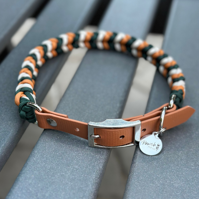 Coiled Charm Hand Braided Dog Collar in Hunter Green, Mustard, & Cream - American Bark Bliss