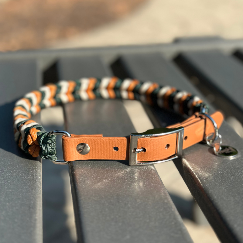 Coiled Charm Hand Braided Dog Collar in Hunter Green, Mustard, & Cream - American Bark Bliss
