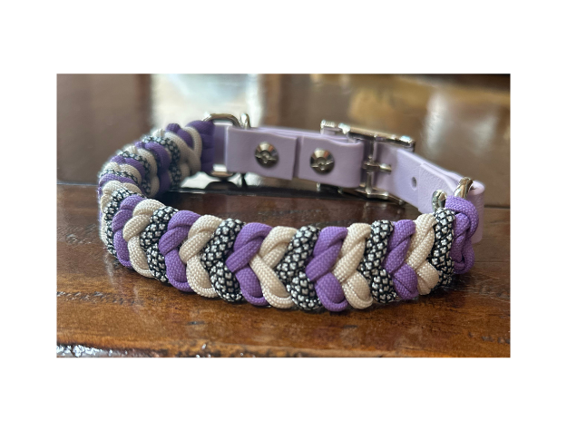 Coiled Charm Hand Braided Dog Collar in Lilac, Cream, & Silver Diamonds - American Bark Bliss