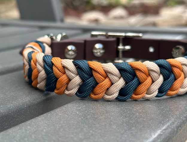 Coiled Charm Hand Braided Dog Collar in Mustard, Navy, & Light Tan - American Bark Bliss