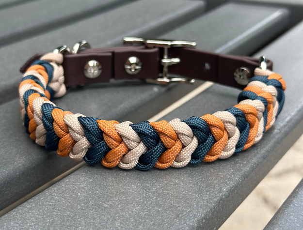 Coiled Charm Hand Braided Dog Collar in Mustard, Navy, & Light Tan - American Bark Bliss