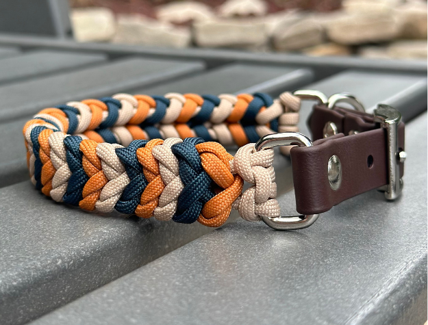Coiled Charm Hand Braided Dog Collar in Mustard, Navy, & Light Tan - American Bark Bliss