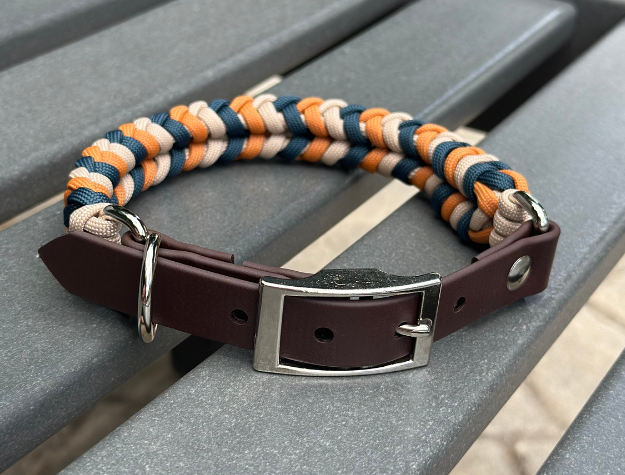 Coiled Charm Hand Braided Dog Collar in Mustard, Navy, & Light Tan - American Bark Bliss