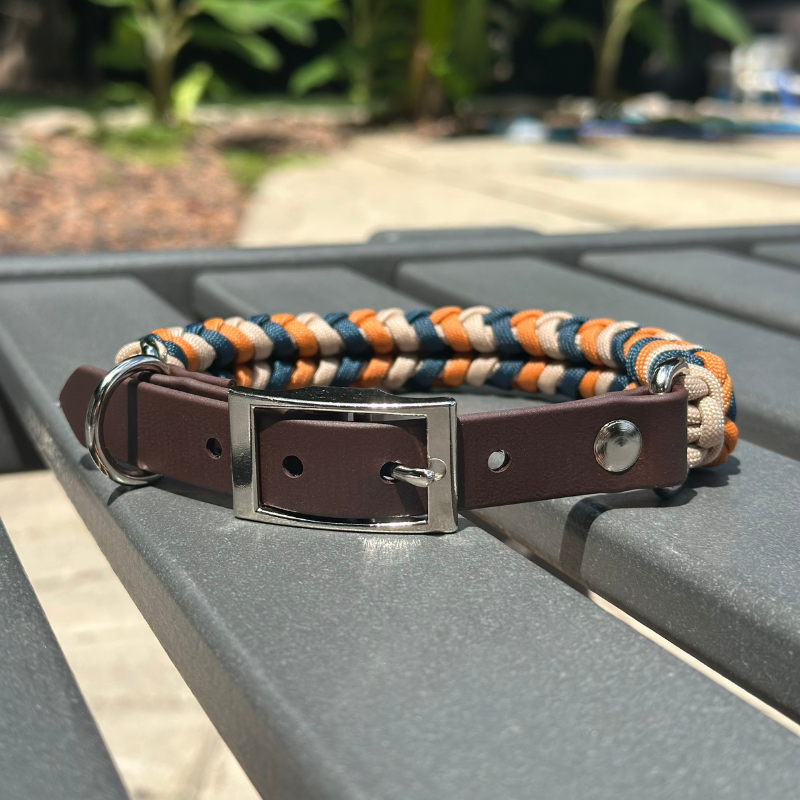 Coiled Charm Hand Braided Dog Collar in Mustard, Navy, & Light Tan - American Bark Bliss
