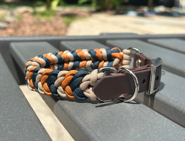 Coiled Charm Hand Braided Dog Collar in Mustard, Navy, & Light Tan - American Bark Bliss