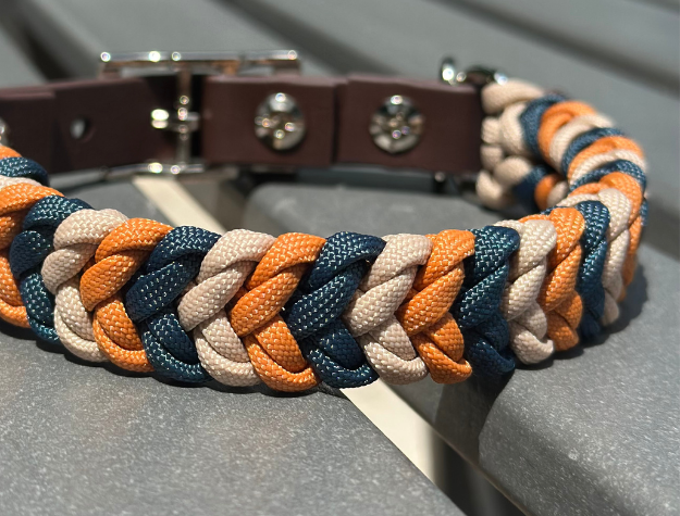 Coiled Charm Hand Braided Dog Collar in Mustard, Navy, & Light Tan - American Bark Bliss