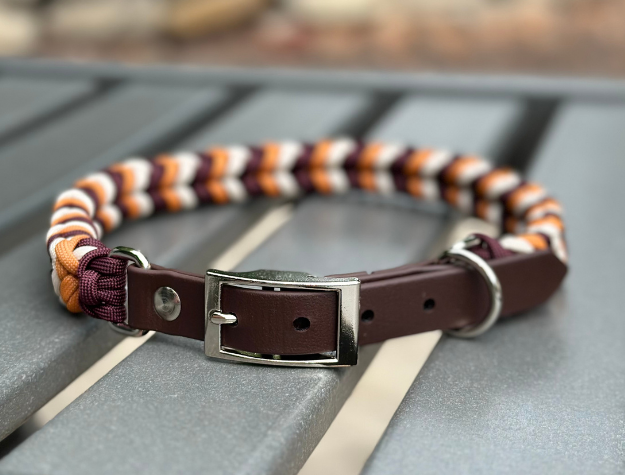 Coiled Charm Hand Braided Dog Collar in Mustard, Burgundy, & Cream - American Bark Bliss