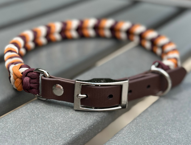 Coiled Charm Hand Braided Dog Collar in Mustard, Burgundy, & Cream - American Bark Bliss