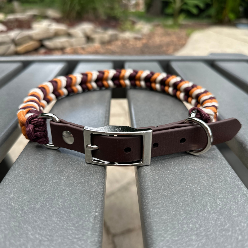 Coiled Charm Hand Braided Dog Collar in Mustard, Burgundy, & Cream - American Bark Bliss