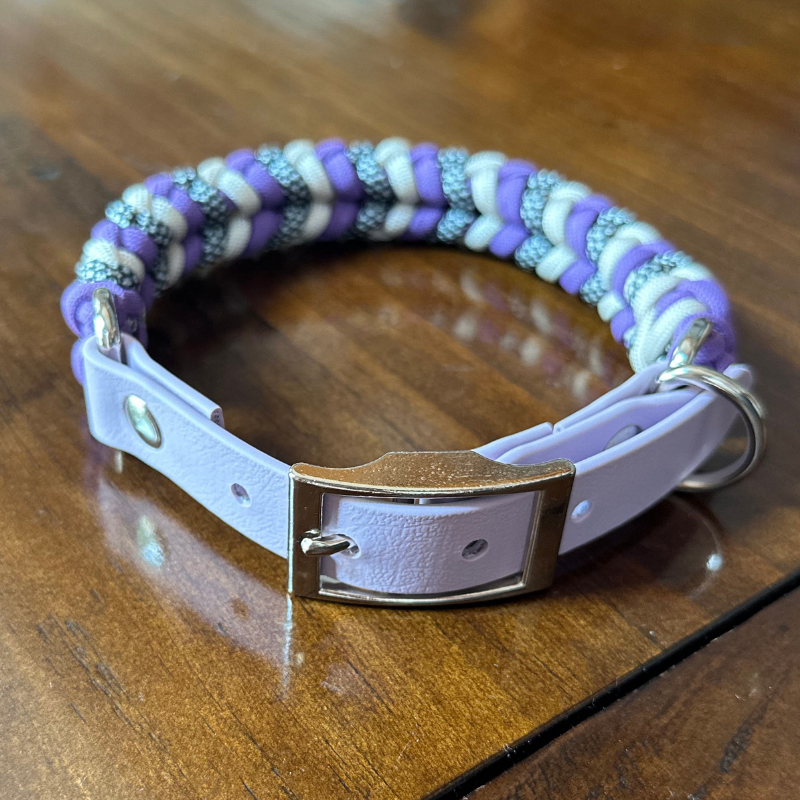 Coiled Charm Hand Braided Dog Collar in Lilac, Cream, & Silver Diamonds - American Bark Bliss