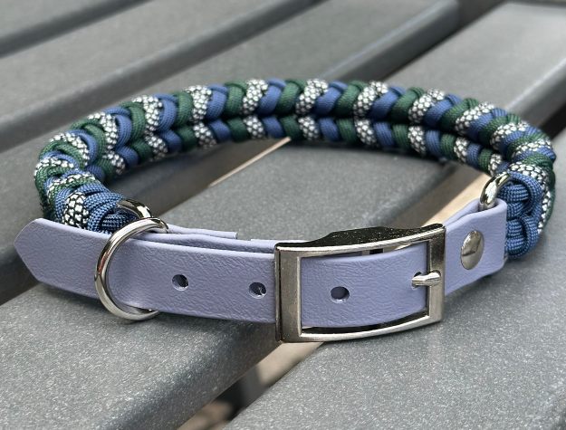 Coiled Charm Hand Braided Dog Collar in Navy, Emerald Green, & Silver Diamonds - American Bark Bliss